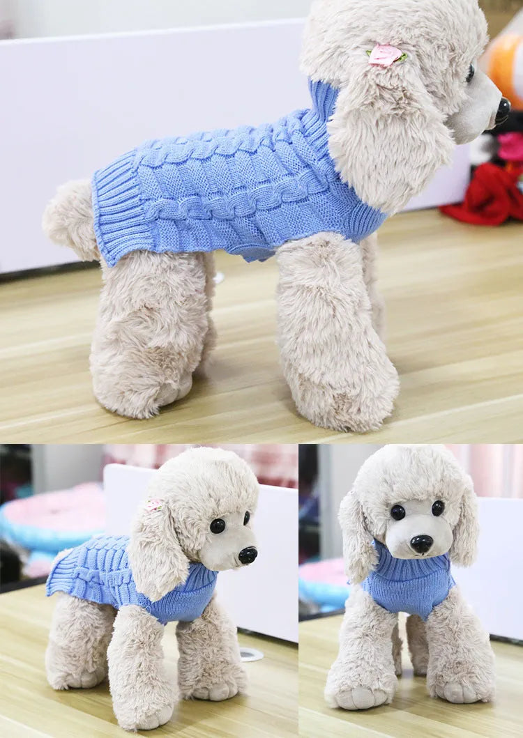 Cashmere twisted rope wool dog sweater shown in multiple colour options with size measurements displayed