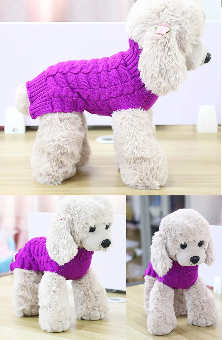 Cashmere twisted rope wool dog sweater shown in multiple colour options with size measurements displayed