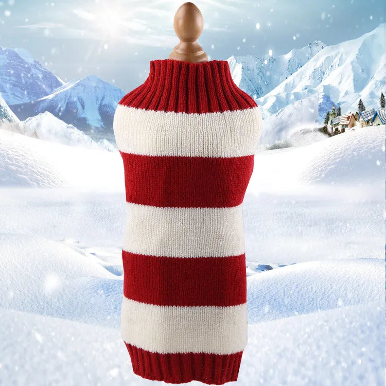Cashmere twisted rope wool dog sweater shown in multiple colour options with size measurements displayed