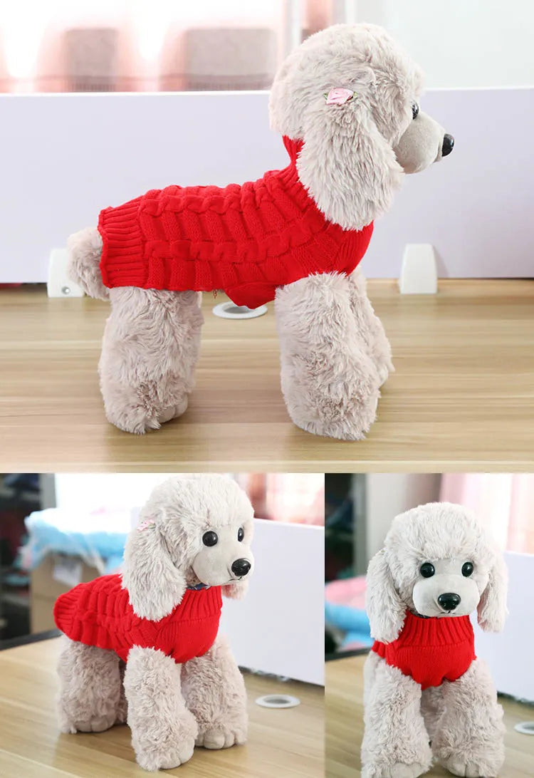 Cashmere twisted rope wool dog sweater shown in multiple colour options with size measurements displayed