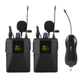 Black Little Bee X3 wireless lavalier microphone and its charging case on a table.