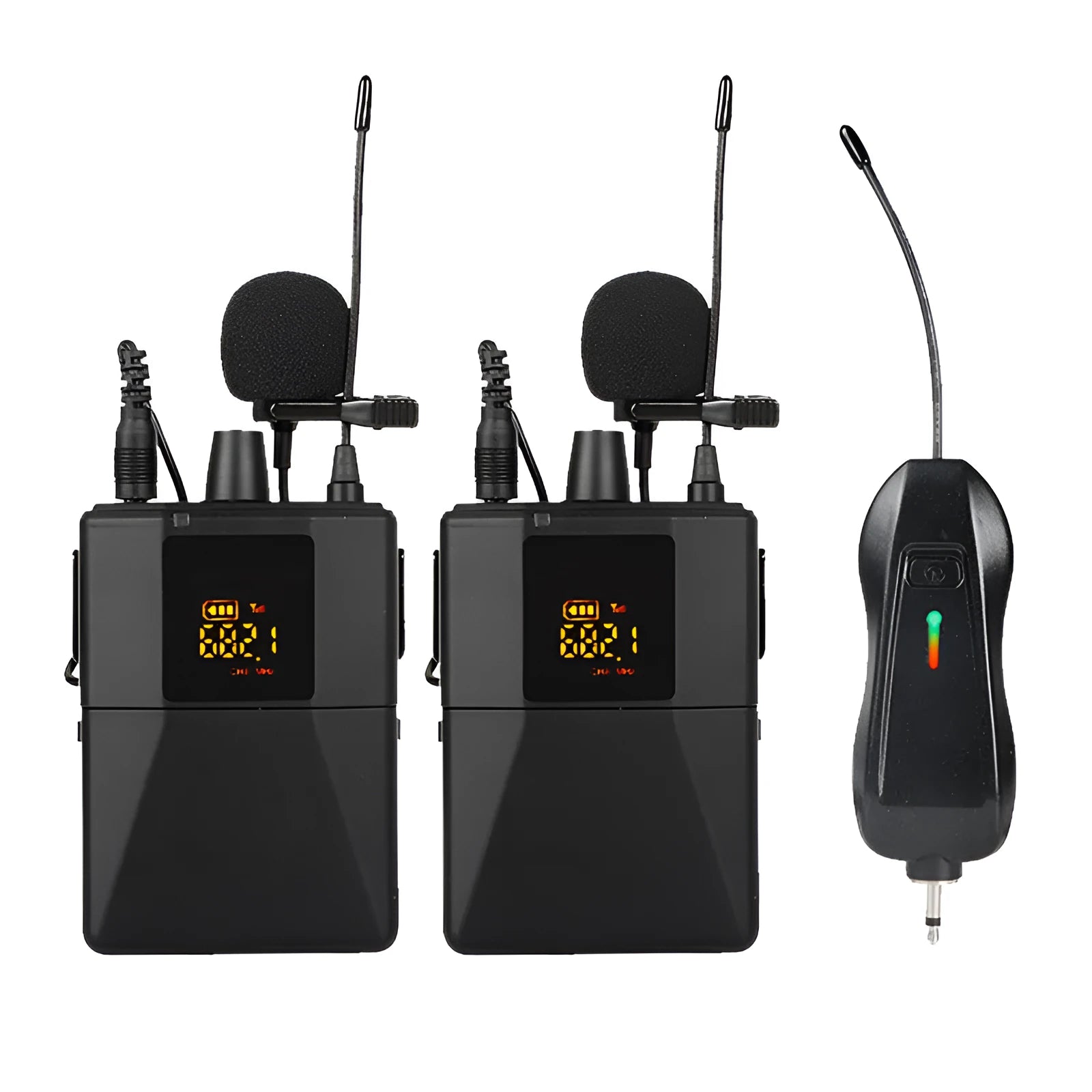 Black Little Bee X3 wireless lavalier microphone and its charging case on a table.