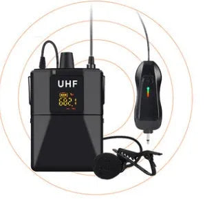Black Little Bee X3 wireless lavalier microphone and its charging case on a table.