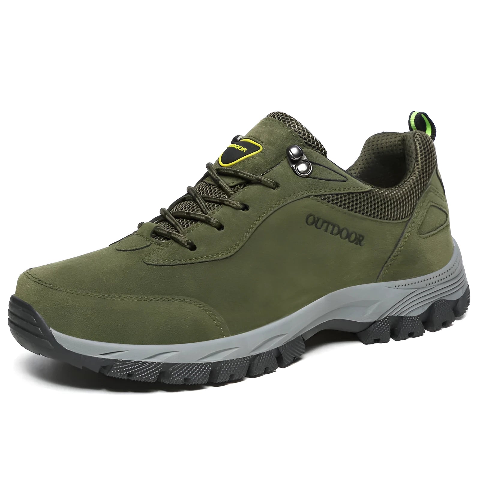 Men's army green low-top hiking shoes on a white background, showing mesh lining and viscose sole.