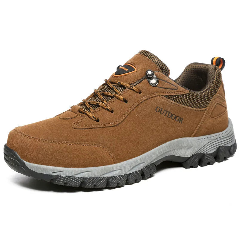 Men's army green low-top hiking shoes on a white background, showing mesh lining and viscose sole.