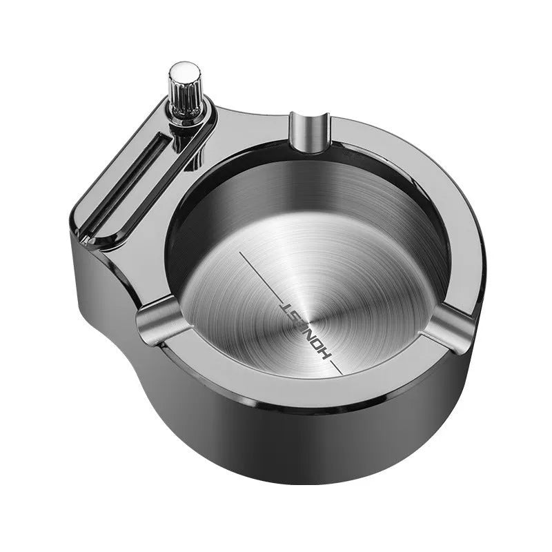 Large blue metal cigarette ashtray with a built-in permanent match lighter and three cigarette slots.