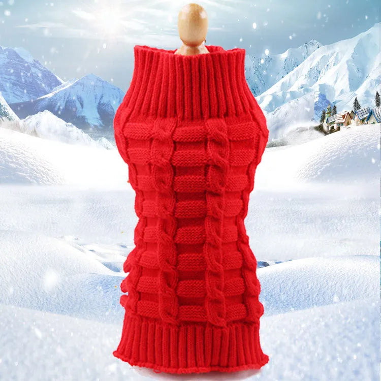 Cashmere twisted rope wool dog sweater shown in multiple colour options with size measurements displayed
