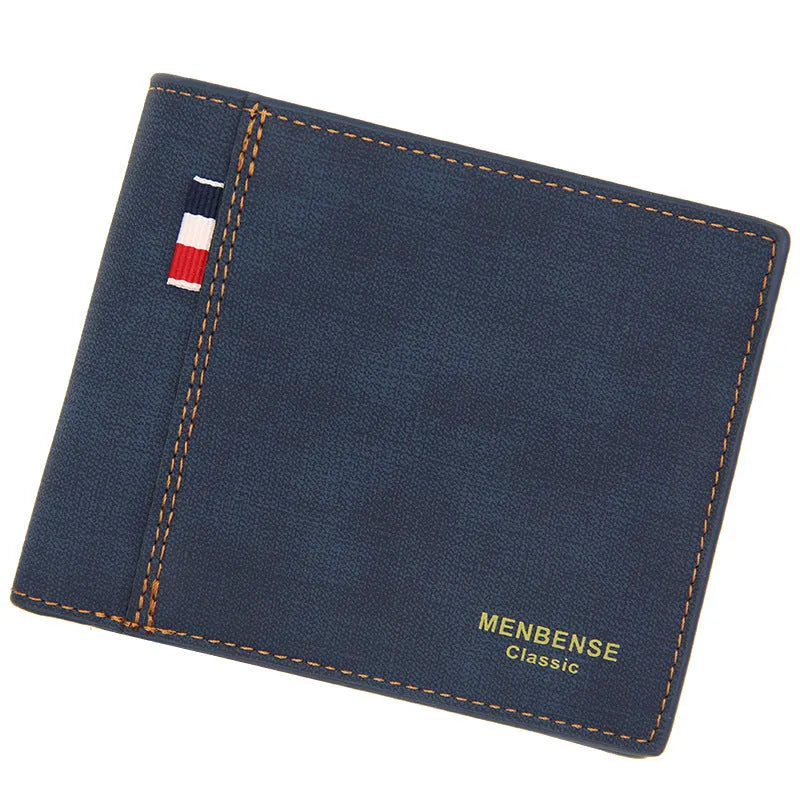 Men's large capacity tri-fold leather wallet in black, navy, dark brown, and light brown colours