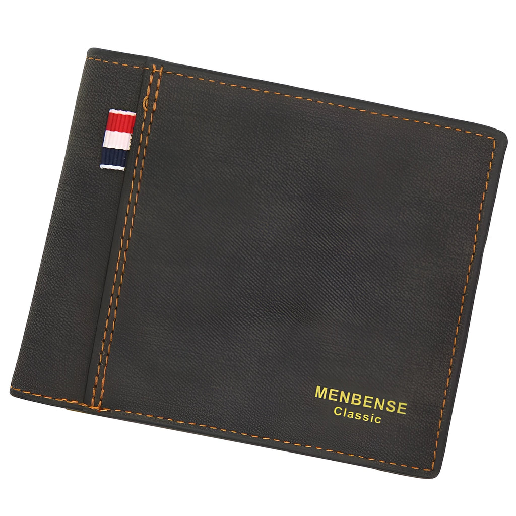 Men's large capacity tri-fold leather wallet in black, navy, dark brown, and light brown colours
