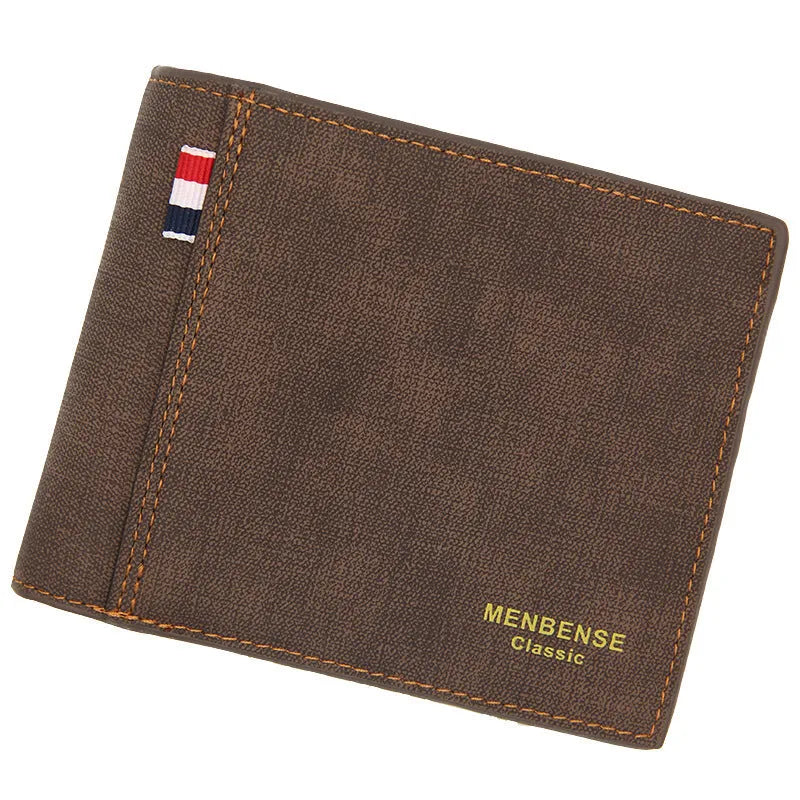 Men's large capacity tri-fold leather wallet in black, navy, dark brown, and light brown colours