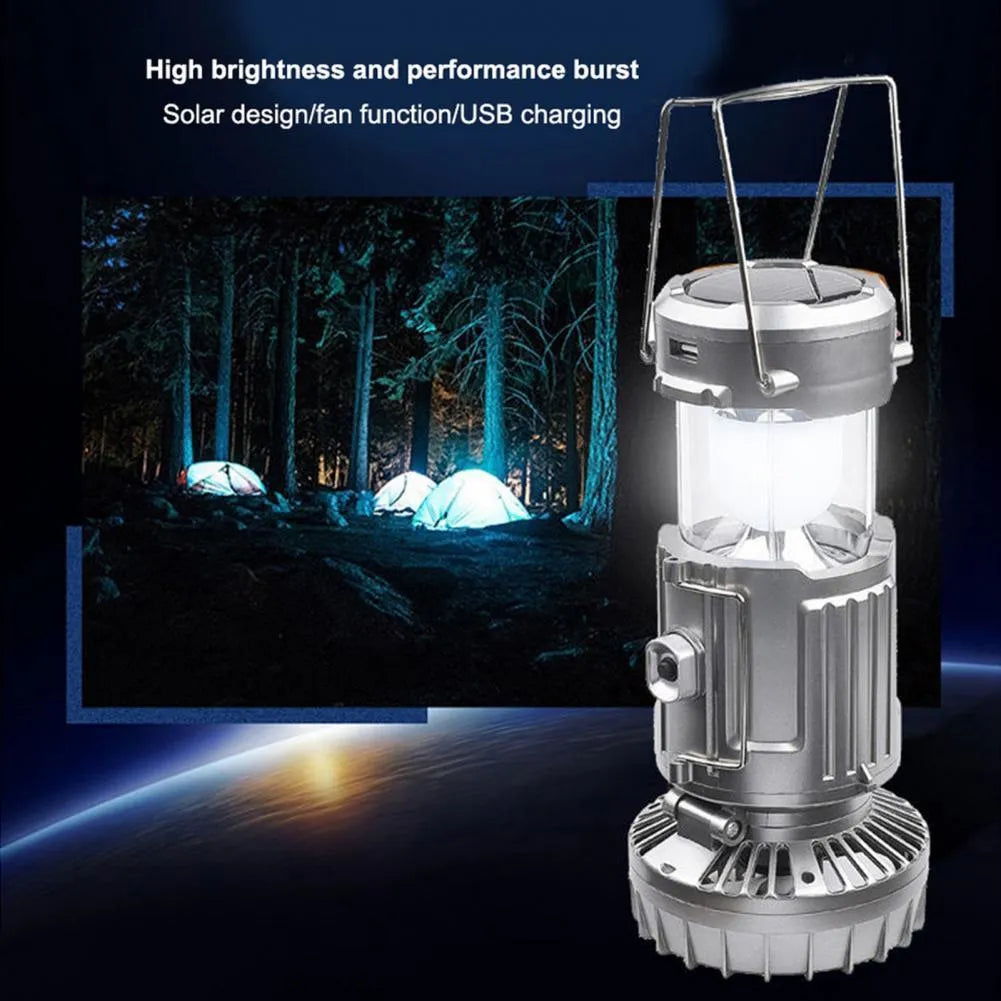 Solar powered ABS camping fan lantern with LED, waterproof casing, available in silver and gold