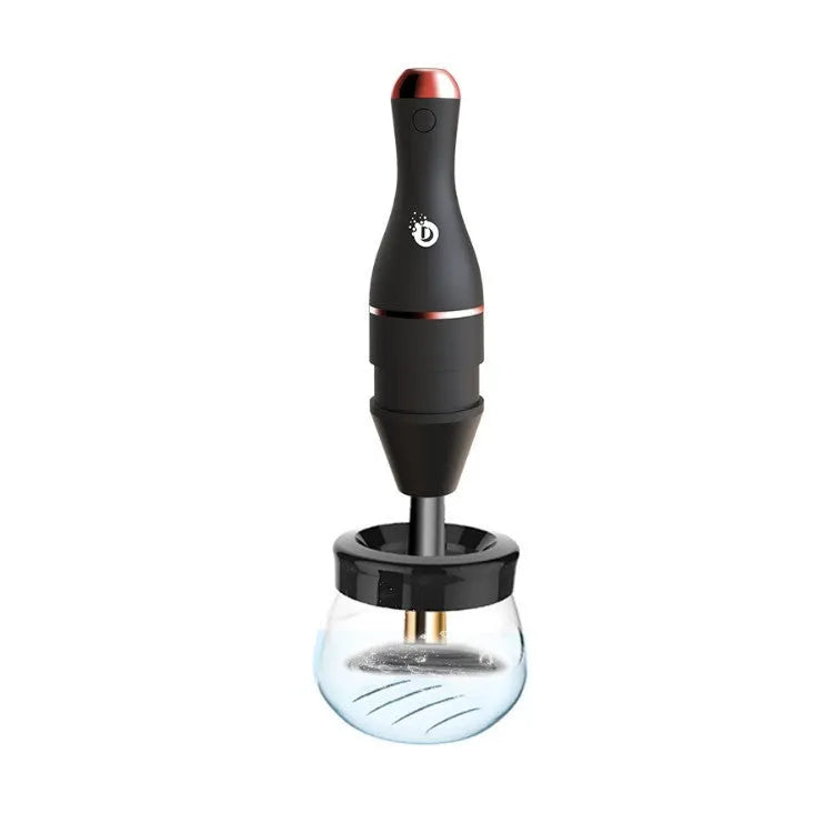 Electric makeup brush cleaner in black with USB cable and cleaning tank