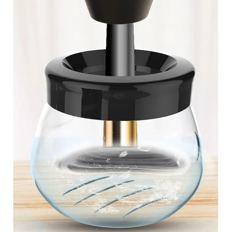 Electric makeup brush cleaner in black with USB cable and cleaning tank