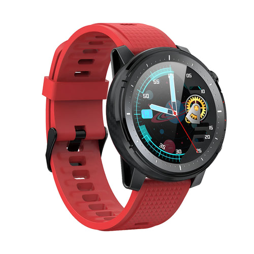 Black Android smart watch with round dial and silicone strap showing IP68 waterproof rating