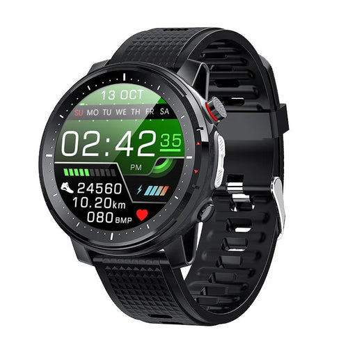 Black Android smart watch with round dial and silicone strap showing IP68 waterproof rating