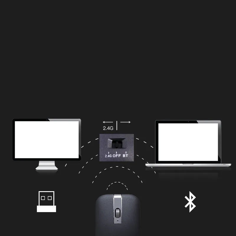 Crystal silver dual-mode Bluetooth wireless mouse with foldable ultra-thin design on a desk