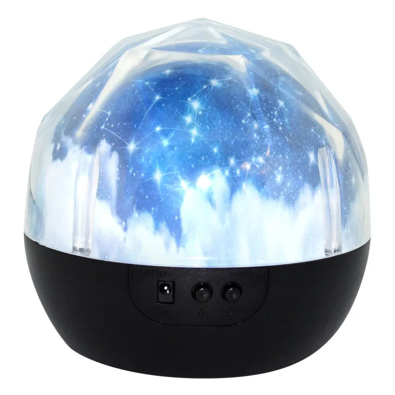 Starry sky projection lamp with plastic shade showing cosmic light patterns on a wall.
