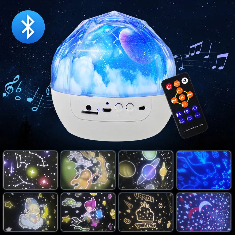 Starry sky projection lamp with plastic shade showing cosmic light patterns on a wall.