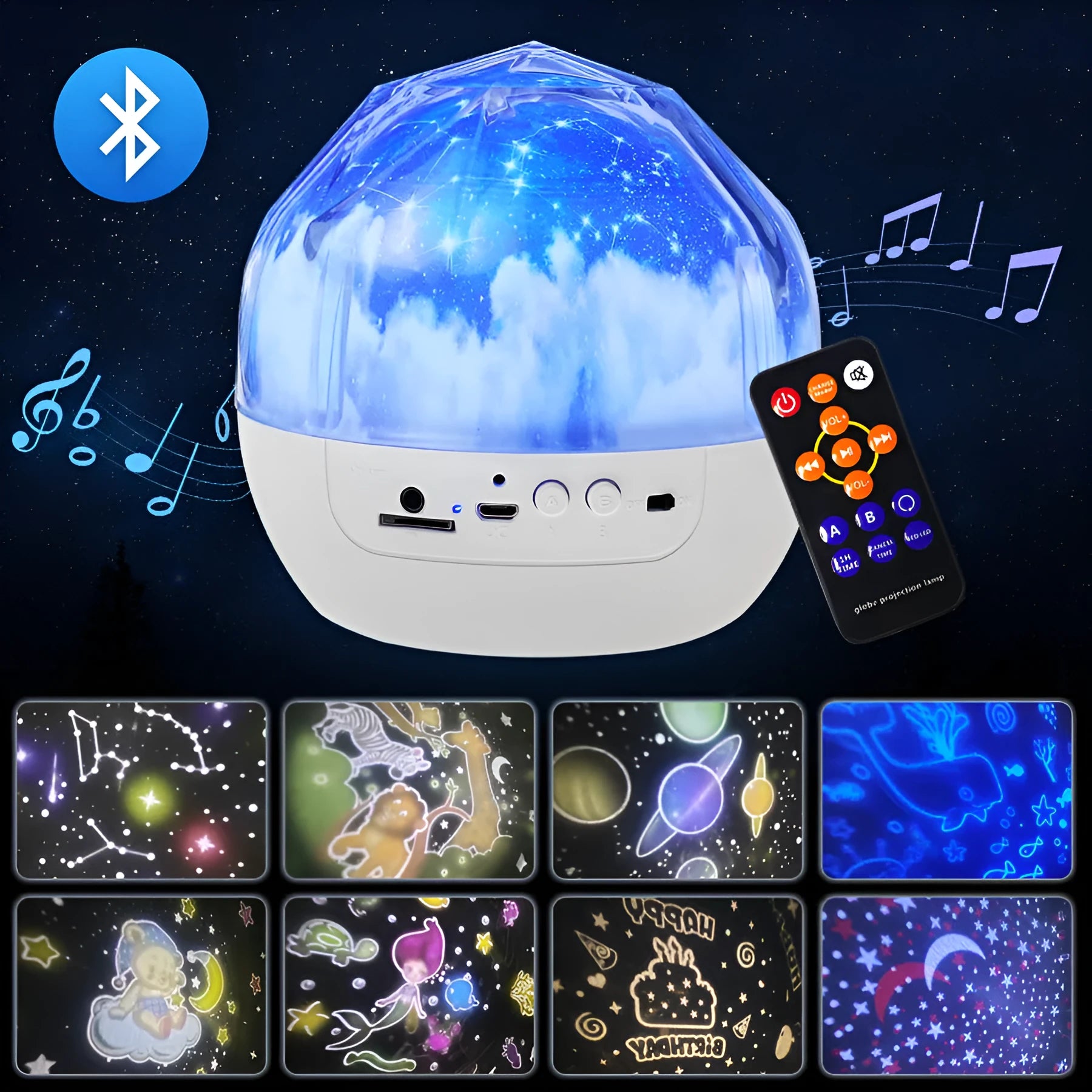 Starry sky projection lamp with plastic shade showing cosmic light patterns on a wall.