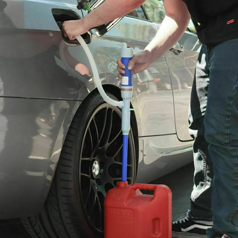 Blue or red manual hand siphon pump for transferring fuel and liquids