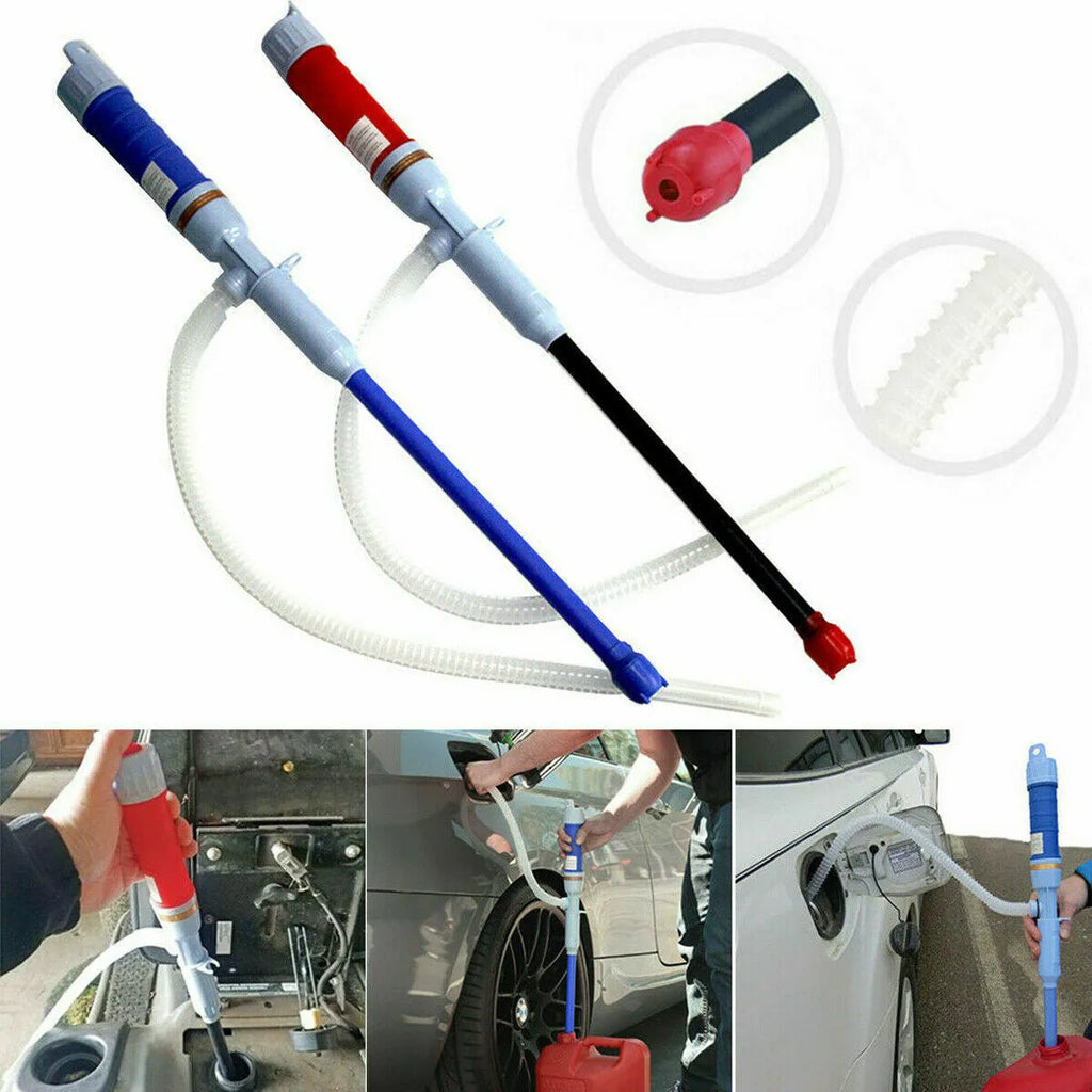 Blue or red manual hand siphon pump for transferring fuel and liquids