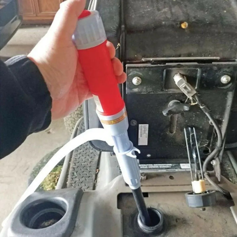 Blue or red manual hand siphon pump for transferring fuel and liquids