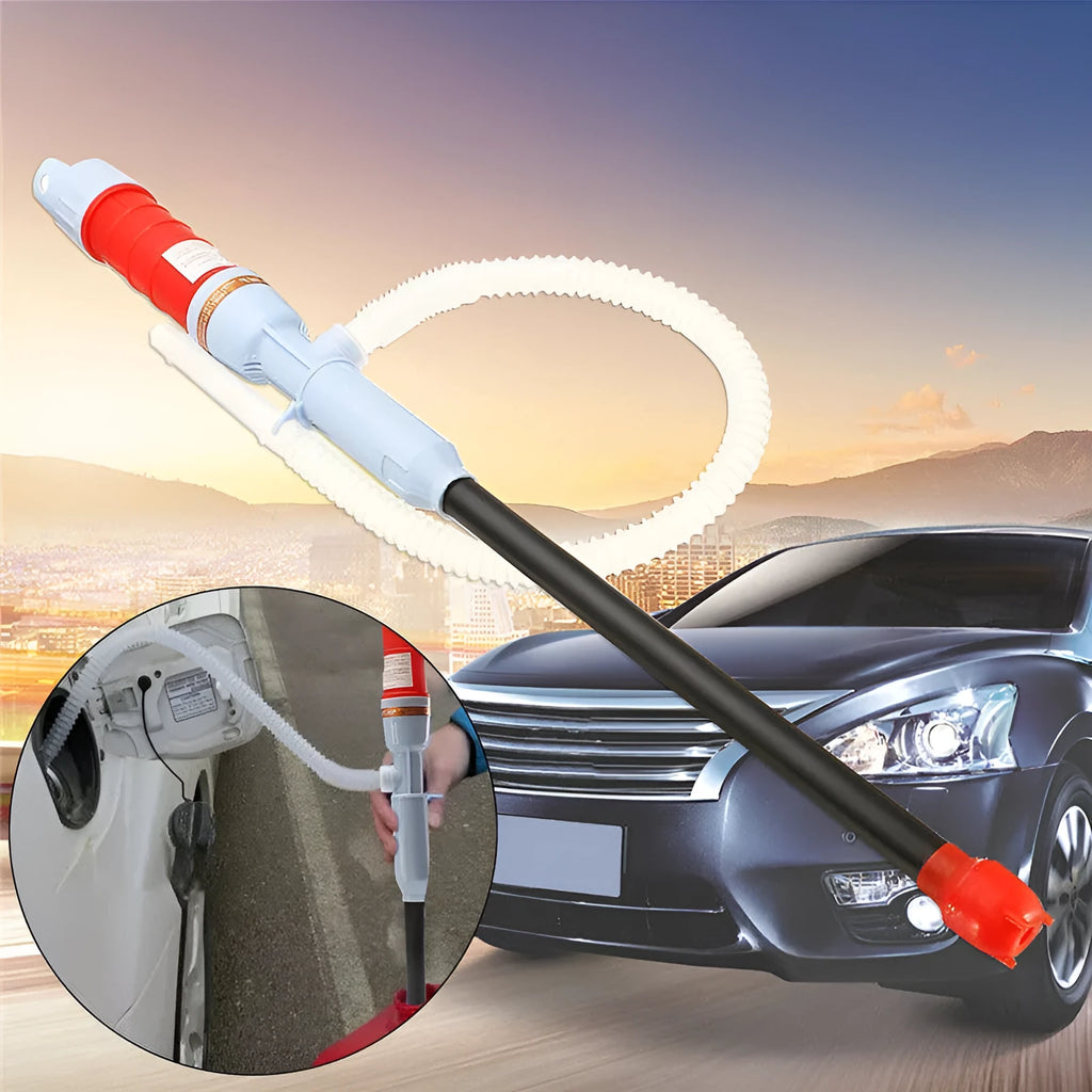 Blue or red manual hand siphon pump for transferring fuel and liquids