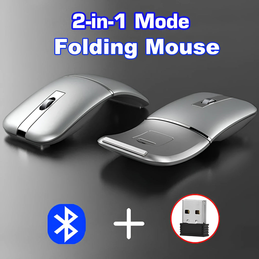 Crystal silver dual-mode Bluetooth wireless mouse with foldable ultra-thin design on a desk