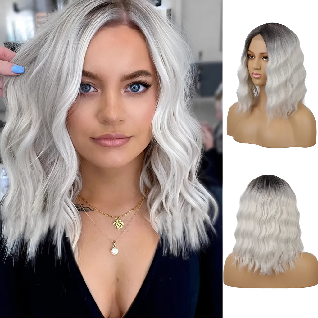 Short curly front lace wig for ladies, high temperature wire, 38 cm length, colour R4/13/10# light grey