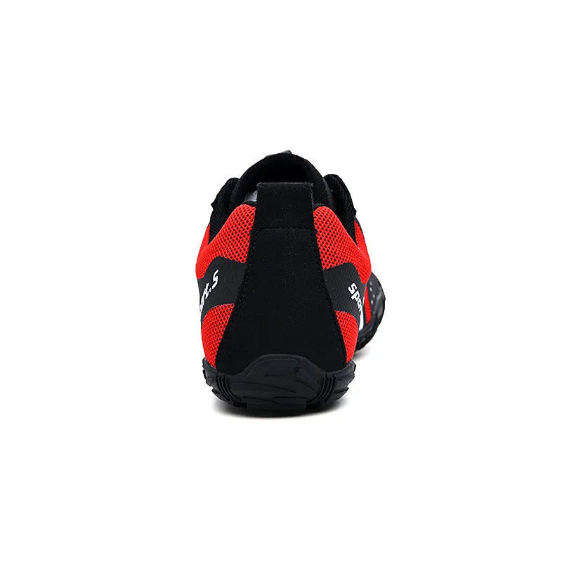 Outdoor quick-drying wading shoes in red, black, or orange with mesh upper and rubber sole.