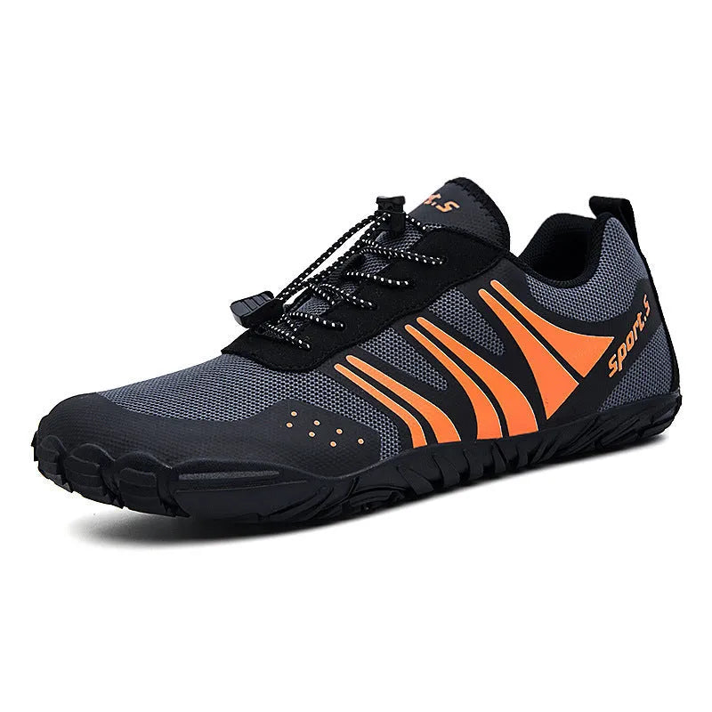 Outdoor quick-drying wading shoes in red, black, or orange with mesh upper and rubber sole.