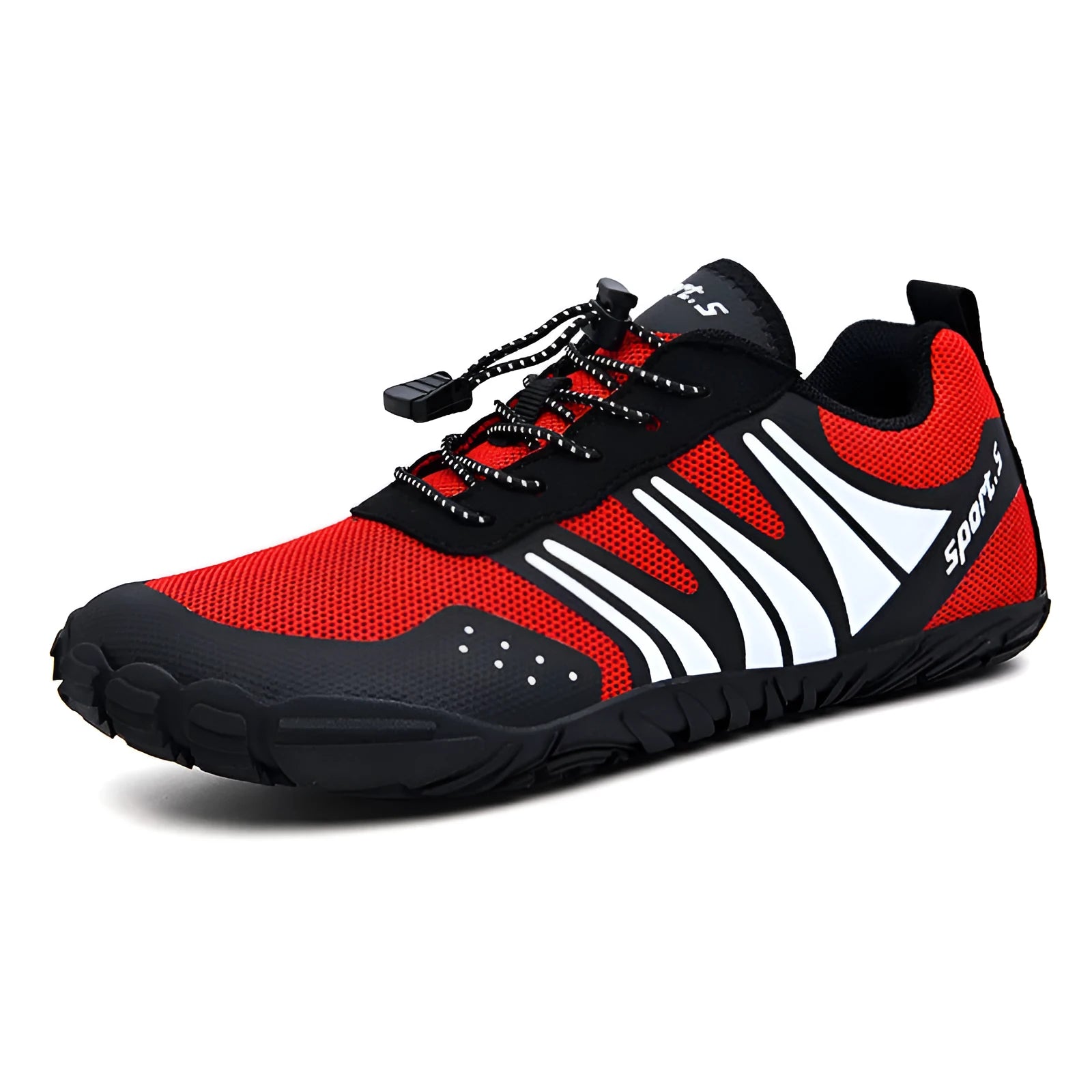 Outdoor quick-drying wading shoes in red, black, or orange with mesh upper and rubber sole.