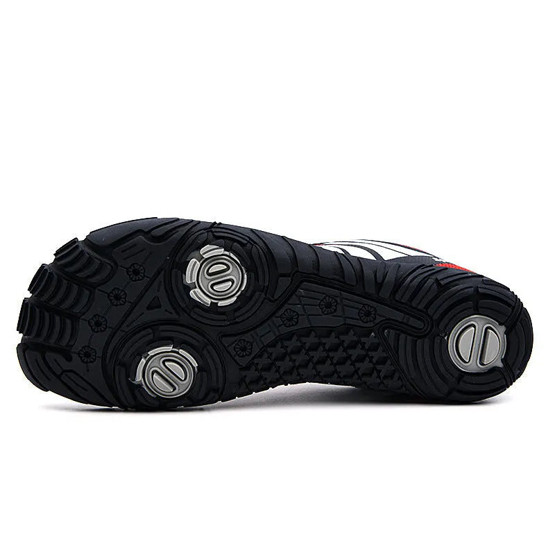 Outdoor quick-drying wading shoes in red, black, or orange with mesh upper and rubber sole.