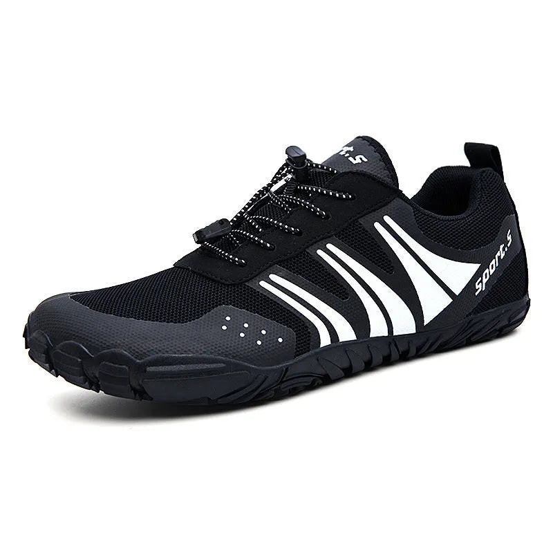 Outdoor quick-drying wading shoes in red, black, or orange with mesh upper and rubber sole.