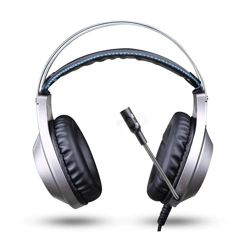Black USB wired over-ear computer headset with a built-in microphone on a desktop