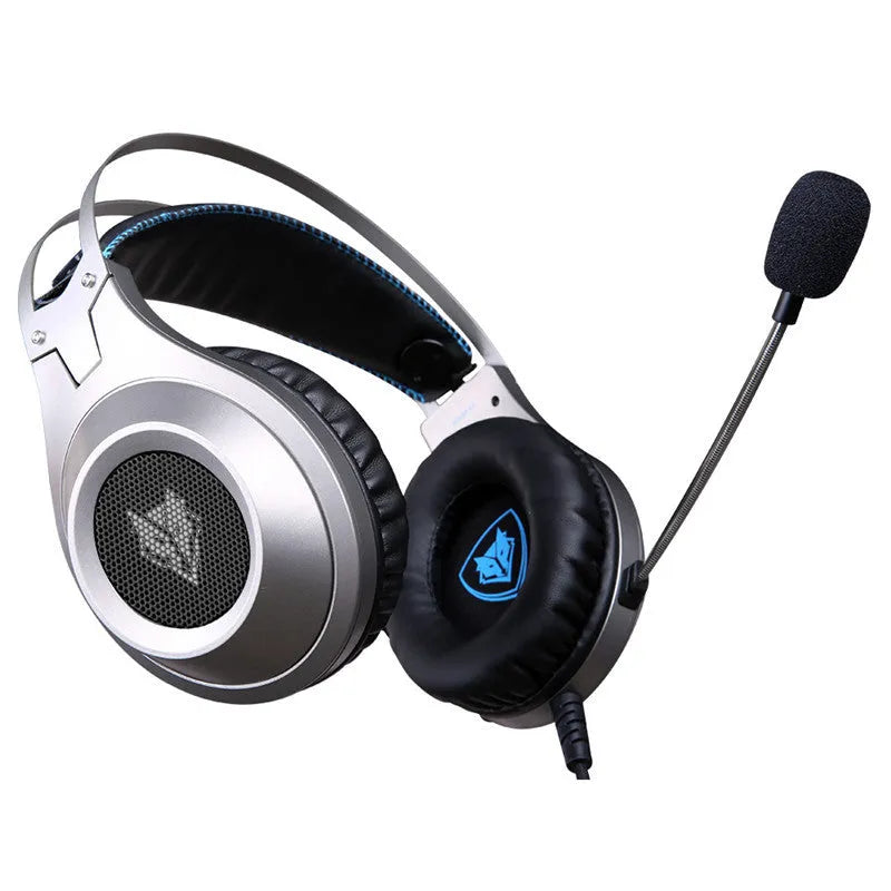 Black USB wired over-ear computer headset with a built-in microphone on a desktop