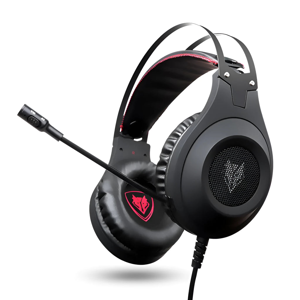 Black USB wired over-ear computer headset with a built-in microphone on a desktop