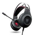 Black USB wired over-ear computer headset with a built-in microphone on a desktop