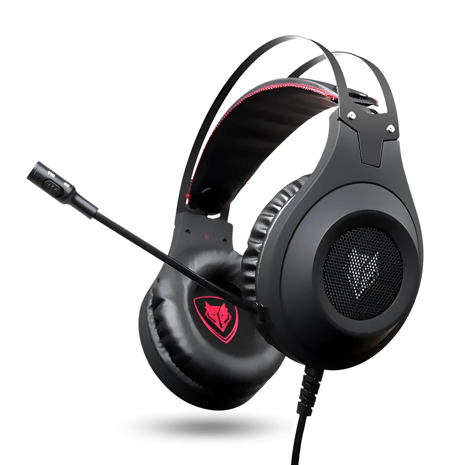 Black USB wired over-ear computer headset with a built-in microphone on a desktop