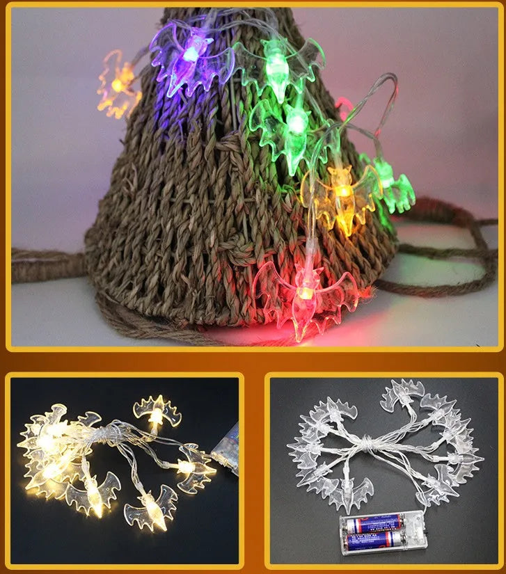 Halloween LED string lights with pumpkin bat ghost spider pendants on 1.2m white cord