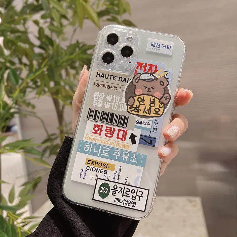 Ins graffiti floral phone case for iPhone 12, transparent style with rabbit graffiti design
