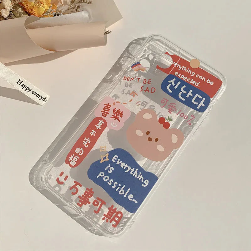 Ins graffiti floral phone case for iPhone 12, transparent style with rabbit graffiti design