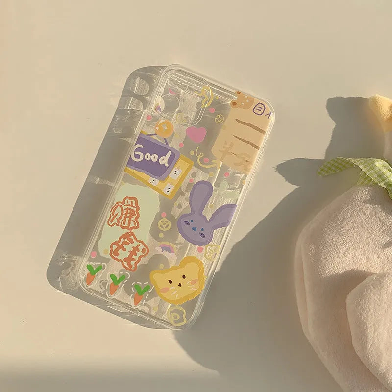 Ins graffiti floral phone case for iPhone 12, transparent style with rabbit graffiti design