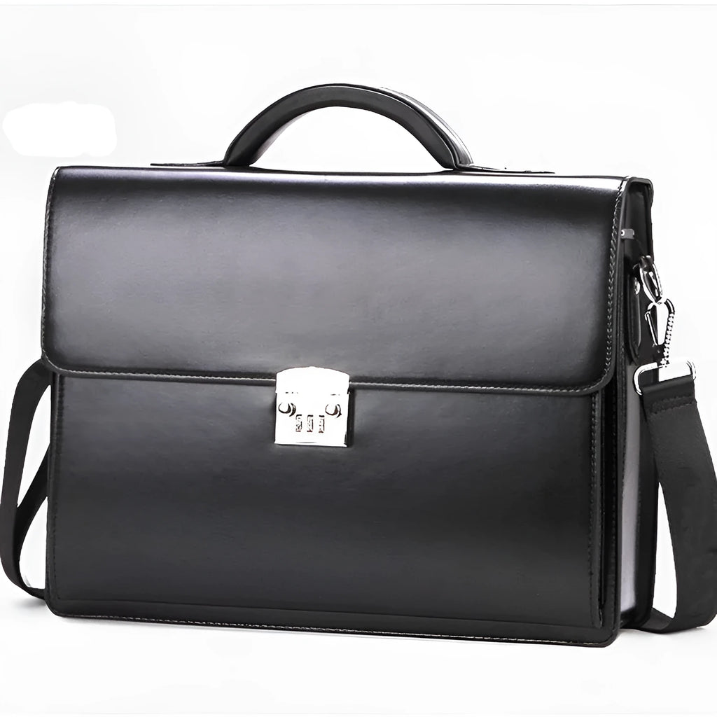 Black PU leather men's business briefcase with code lock showing zipper compartments