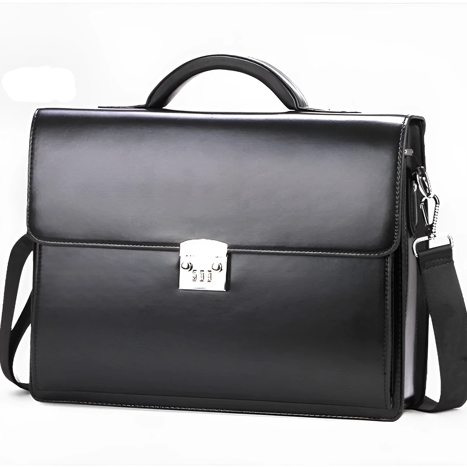 Black PU leather men's business briefcase with code lock showing zipper compartments