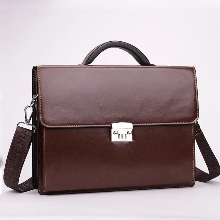 Black PU leather men's business briefcase with code lock showing zipper compartments