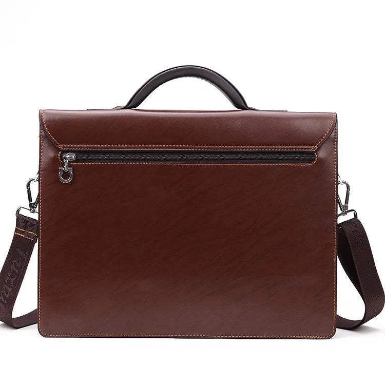 Black PU leather men's business briefcase with code lock showing zipper compartments