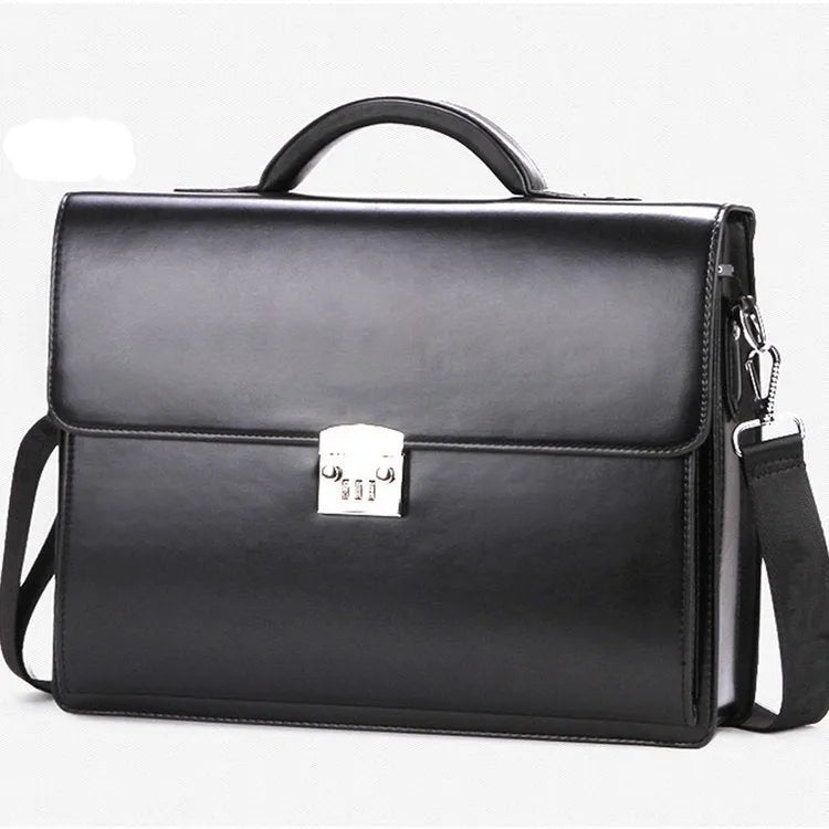 Black PU leather men's business briefcase with code lock showing zipper compartments