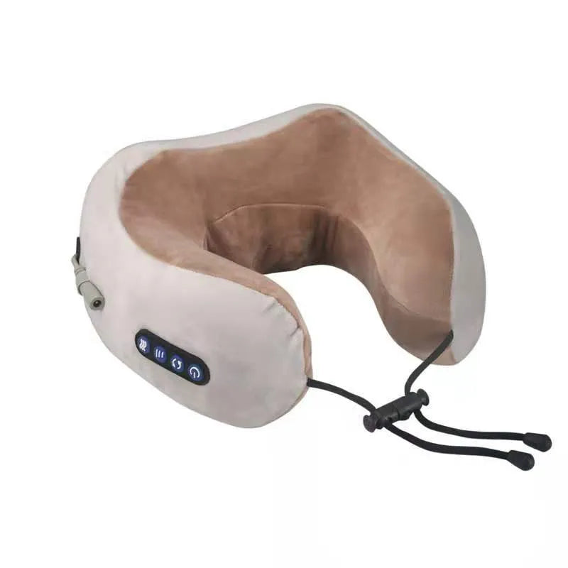 Brown U shaped electric neck massage pillow with control buttons