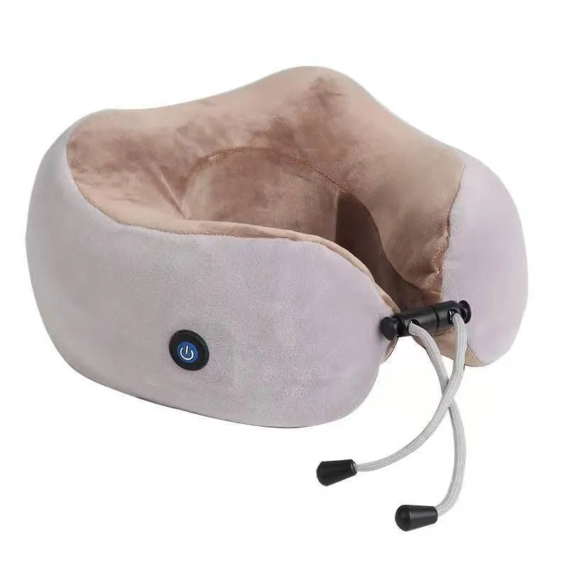 Brown U shaped electric neck massage pillow with control buttons